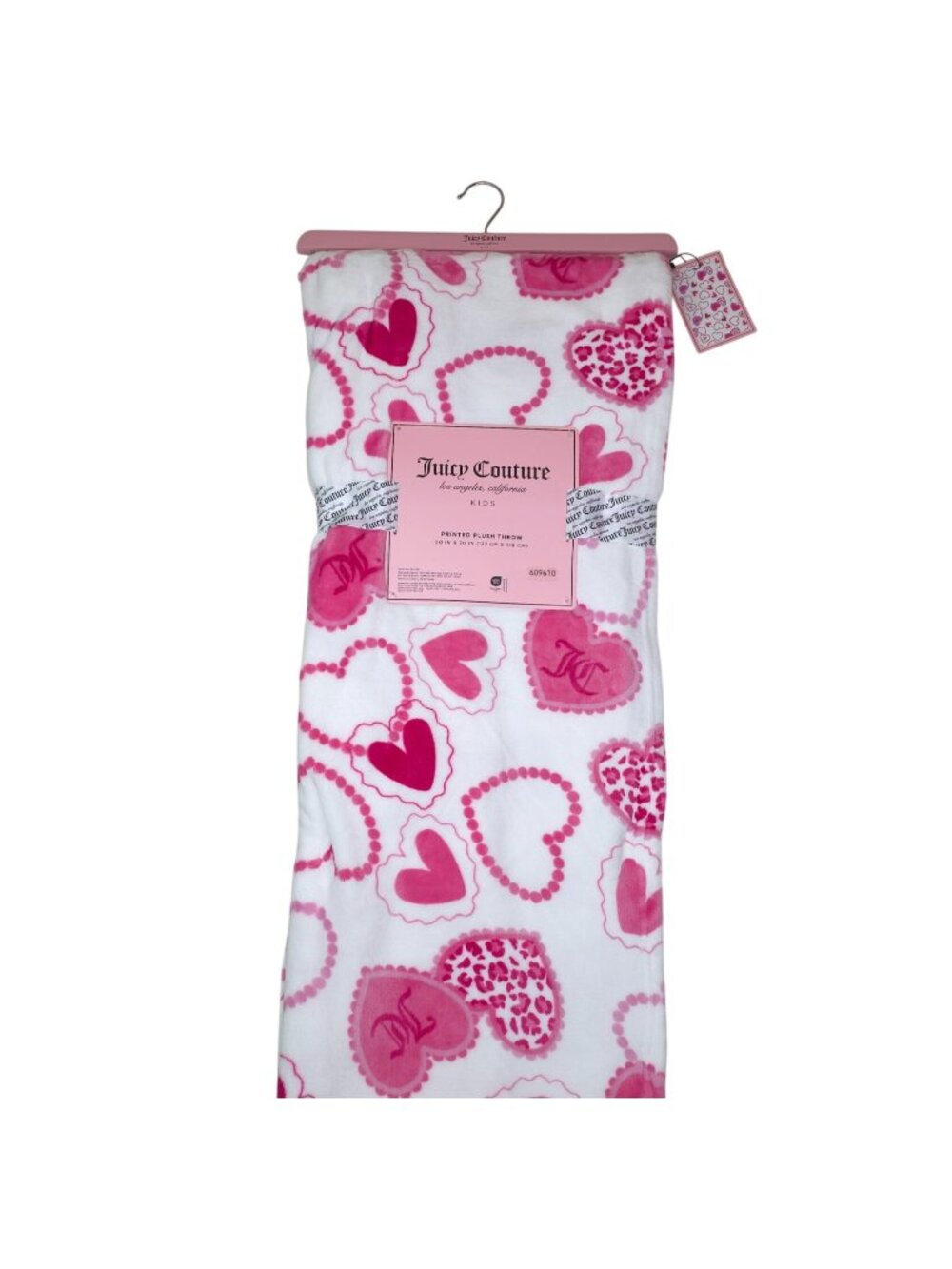 Juicy Couture Printed Plush Throw Blanket 50"x70" Pink & White Heart Design Soft
